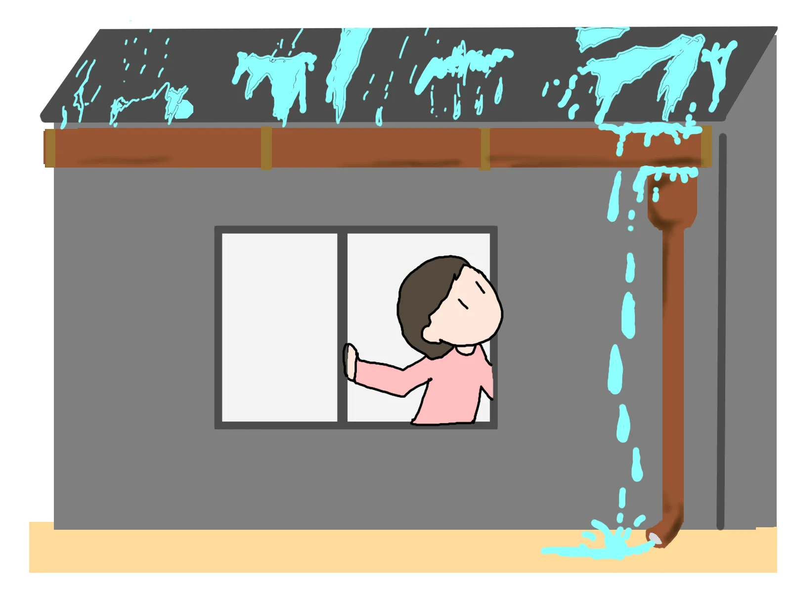 川越市の雨樋の途中から雨水が漏れている様子のイメージ